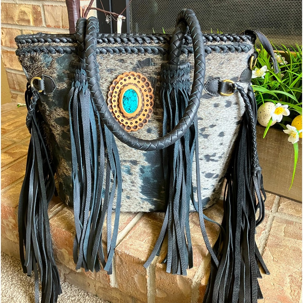 NWOT American Darling cowhide fringe western purse with turquoise stone
